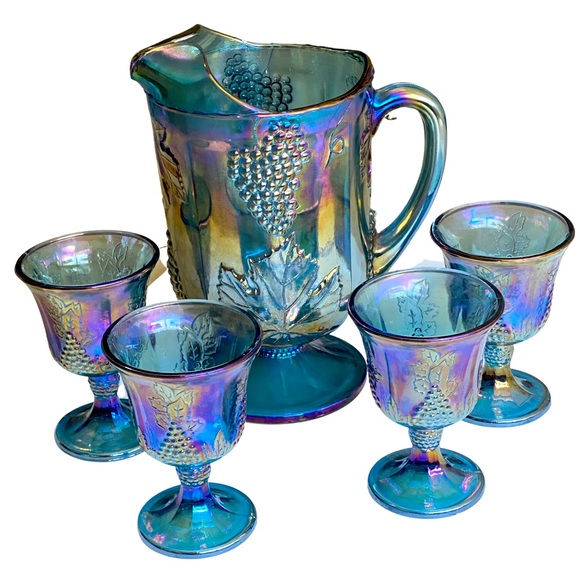 Vintage Blue Carnival Glass Pitcher Set / Indiana Glass Co - Picture 1 of 11